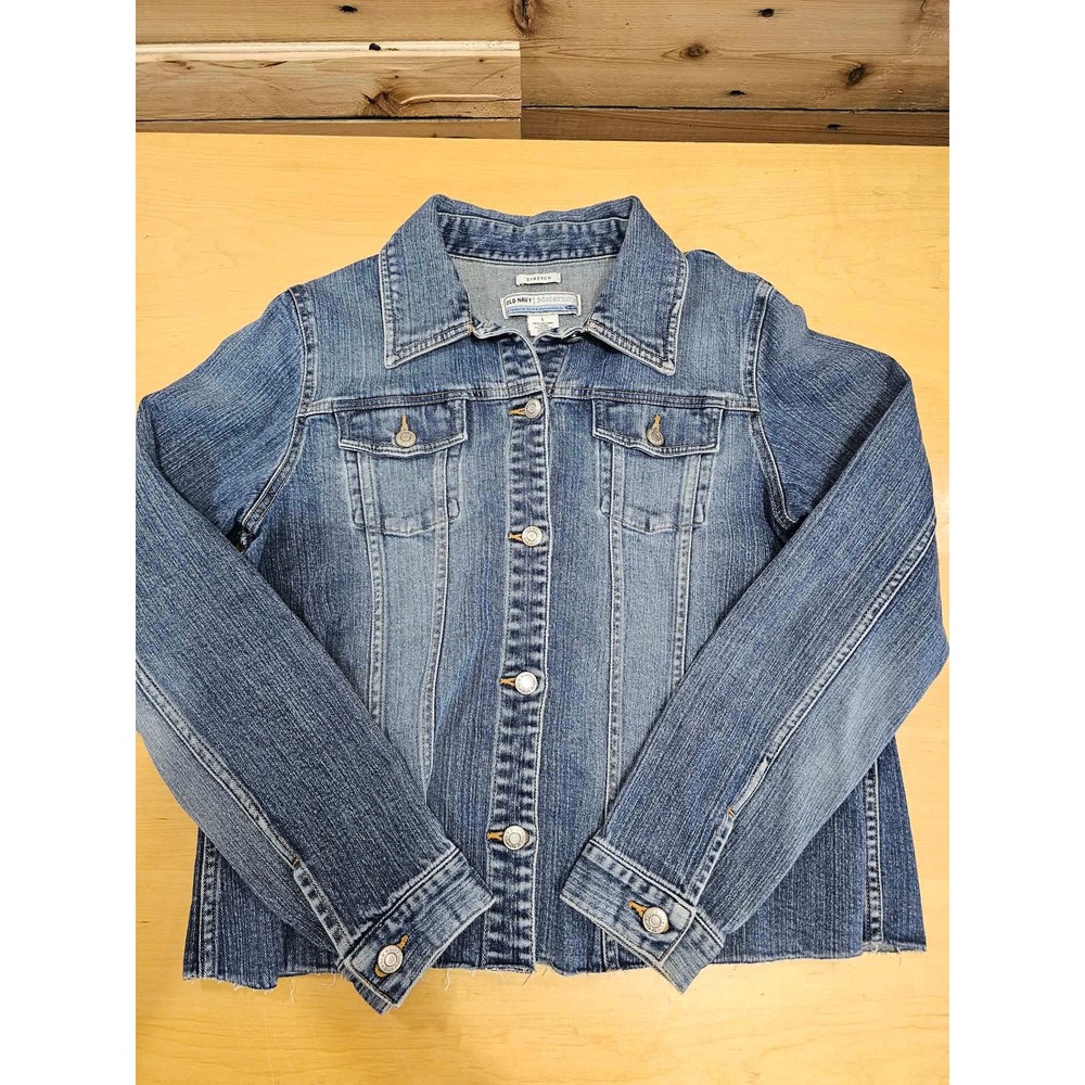 Old Navy Maternity Denim Jacket Large Crush Cancer Graphic Raw Hem Medium Wash